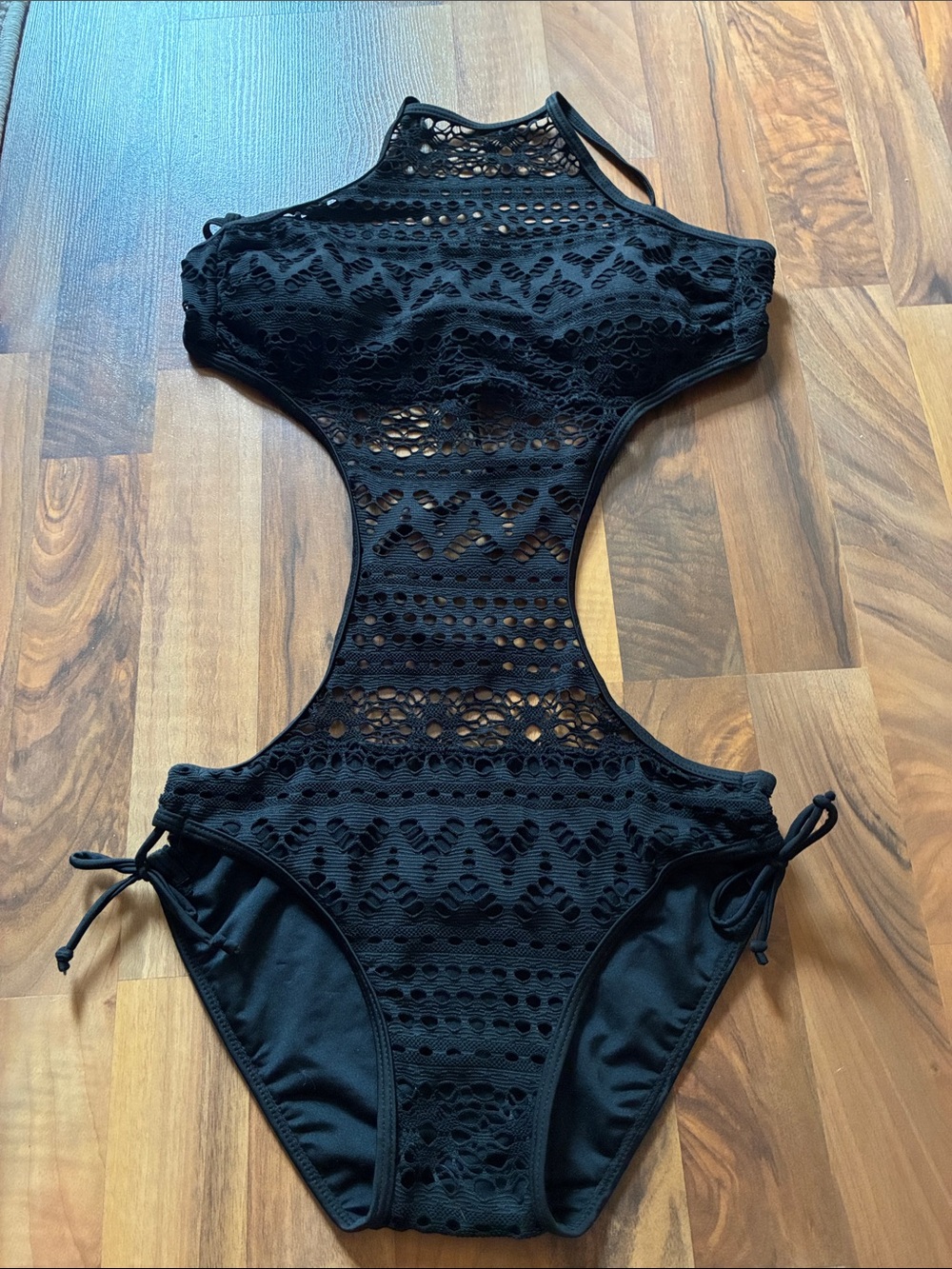 SHEIN Black Crochet Cutout One-Piece Swimsuit